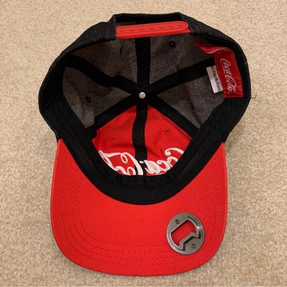 Coca-Cola Red Black Snapback Denim Baseball Cap Hat Metal Bottle Opener - Picture 6 of 12
